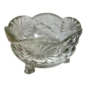 Pressed Glass Footed Bowl Starburst & Diamond Patterns Clear Candy Mayo Vintage